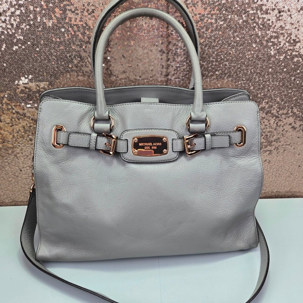 Michael Kors Womens Hamilton Satchel Handbag Purse Medium Gray Leather W/Strap